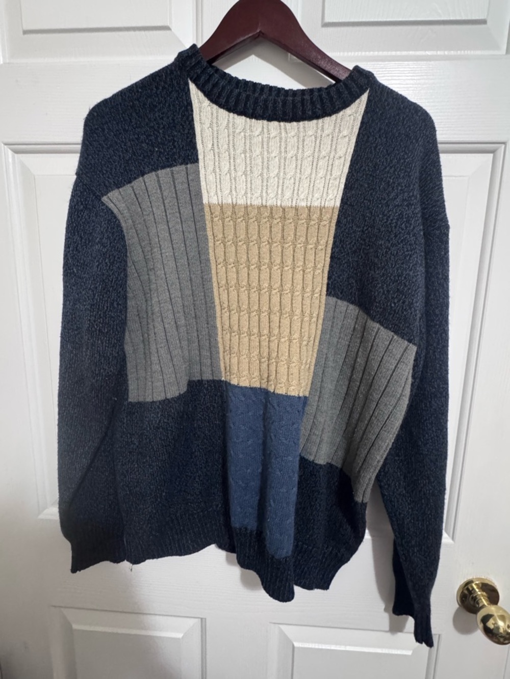 Men's Colorblock Cable & Rib Crewneck Sweater - Navy/Gray/Cream/Tan